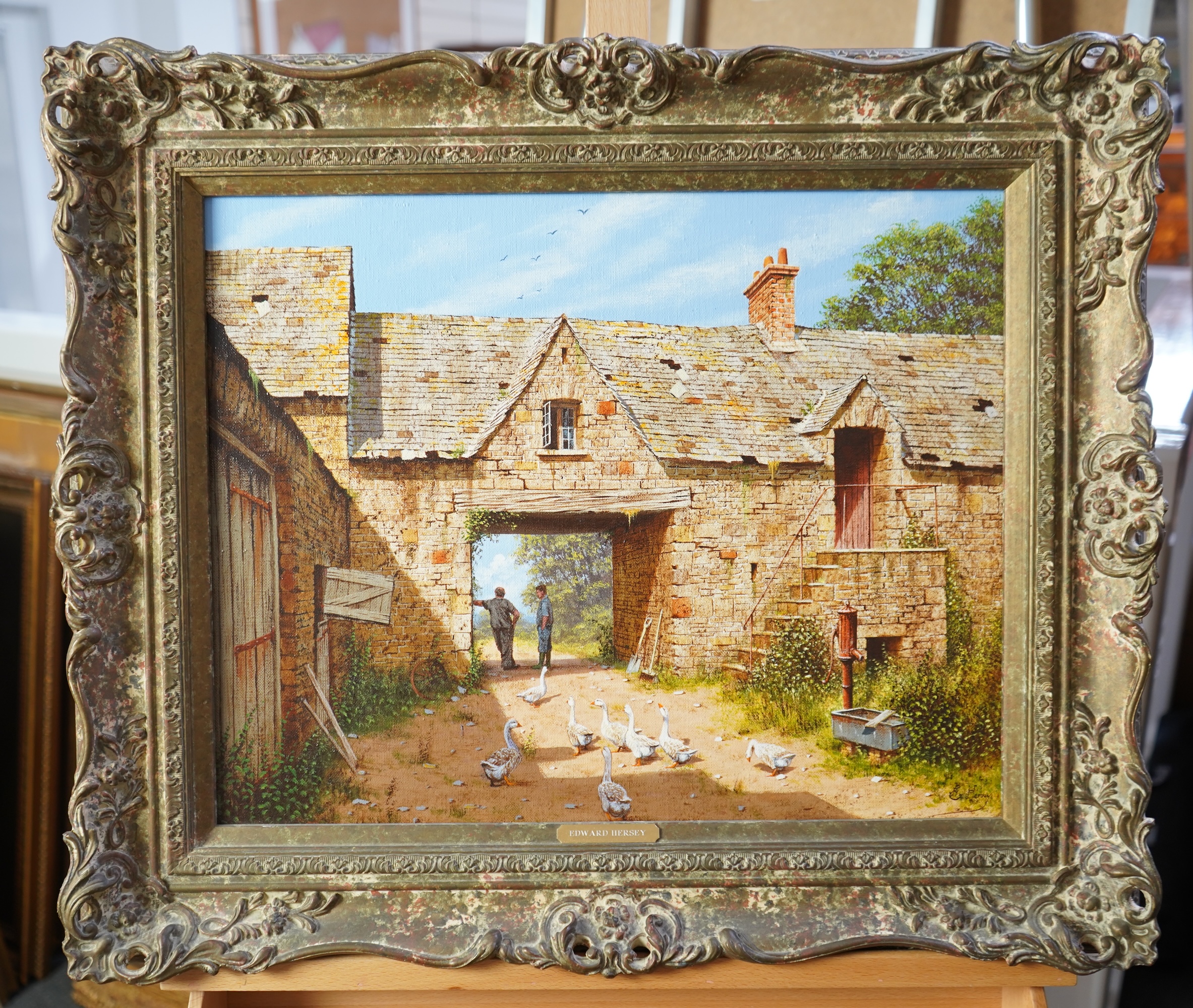 Edward Hersey, b.1948, Geese in a Farm Courtyard